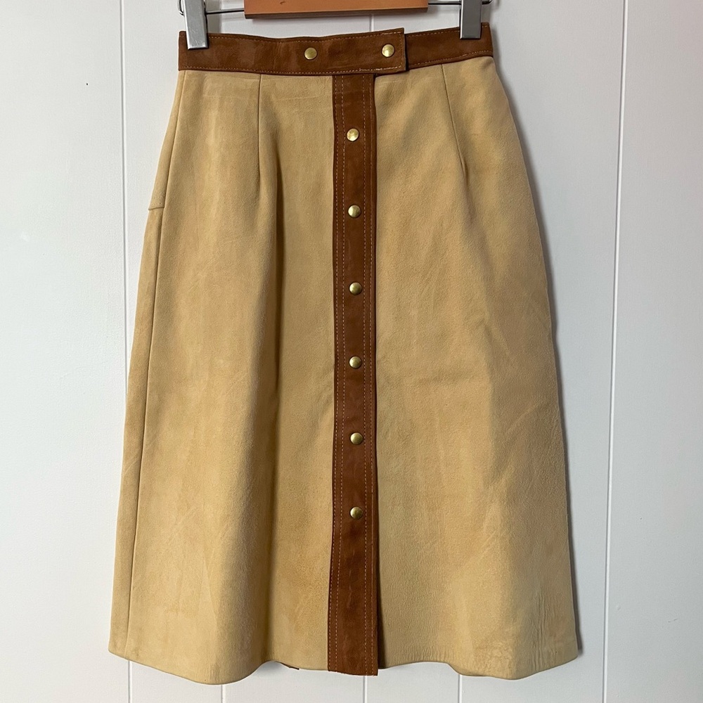 Vintage Sears Washable Suede Skirt Snap MIDI Leather Soft Tan Brown Snap Pentel